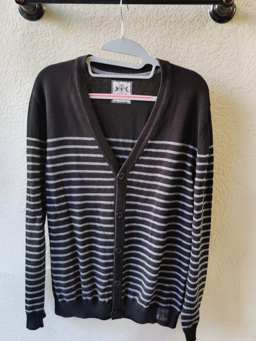 Express Men’s Black & Gray Striped V-Neck Cardigan